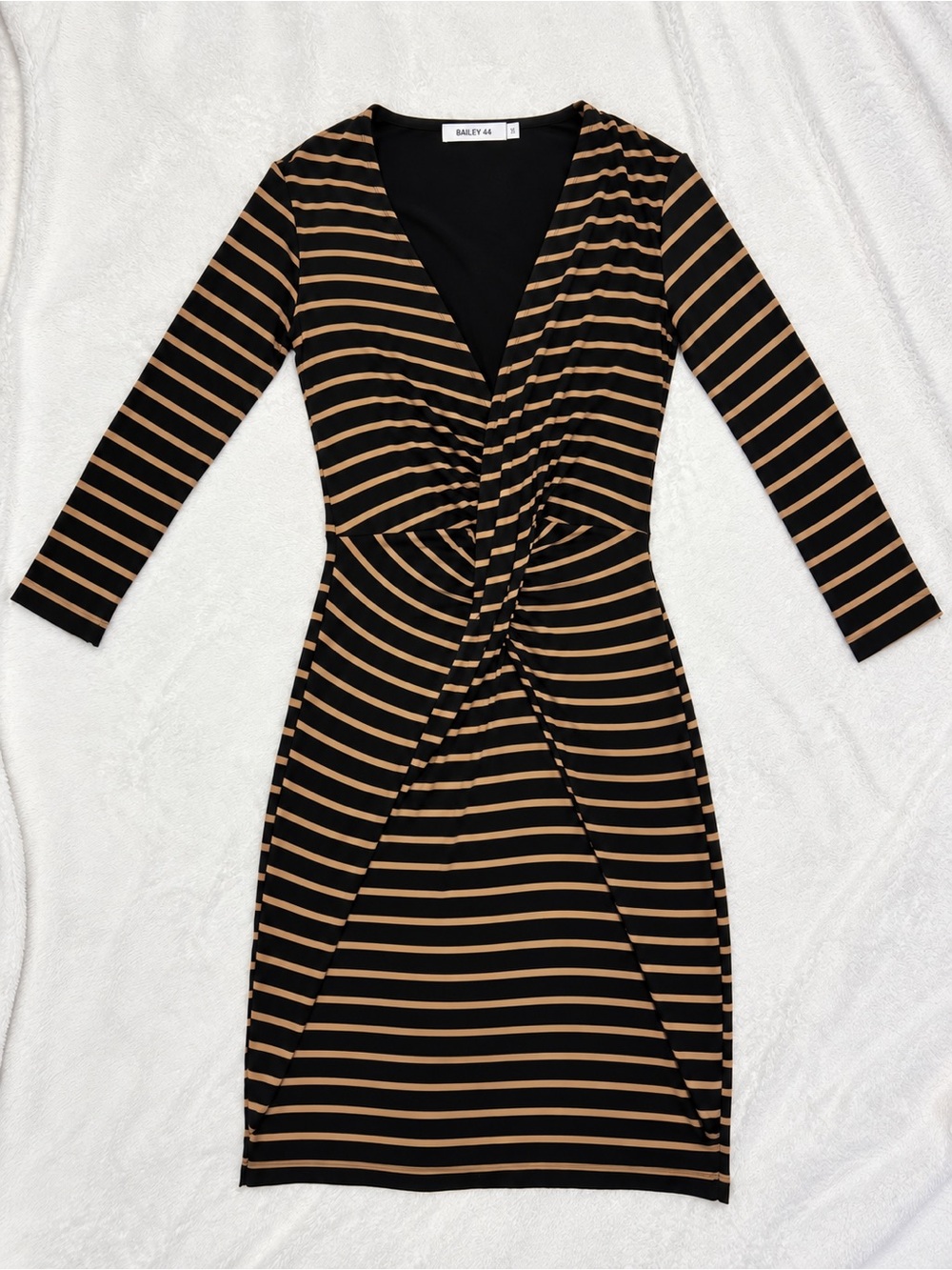 Bailey 44 XS Black Tan Striped Faux Wrap Ruched Sheath Dress Made in USA